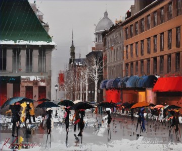 Vieux Montreal Winter Ambiance II Kal Gajoum by knife Oil Paintings